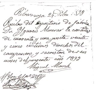Recibo presentado por don Miguel March, del año 1892, de 82´50 pesetas, por conducción del reloj y tocar las campanas.