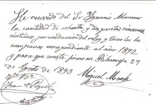 Recibo presentado por don Miguel March, de 1893, de 41´25 pesetas, por sus haberes de sacristán y por voltear las campanas.