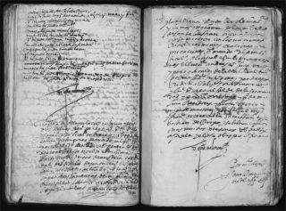 Página del Libro de Bautismo II (1568-1618), folios 142 v. y 143, y la firma de Don Diego de la Calzada, a la derecha.  - Autor: Historia de Villapalacios