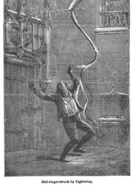 W. De Fonvielle, Bell-ringer struck by lightning, Illustrated Library of Wonders, as found at the end of Amédée Guillemin’s, The sun, 1870